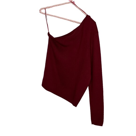 New ee:some Large L Red Stretch Ribbed Rib Knit One Shoulder Long Sleeve Sweater - Picture 2 of 4